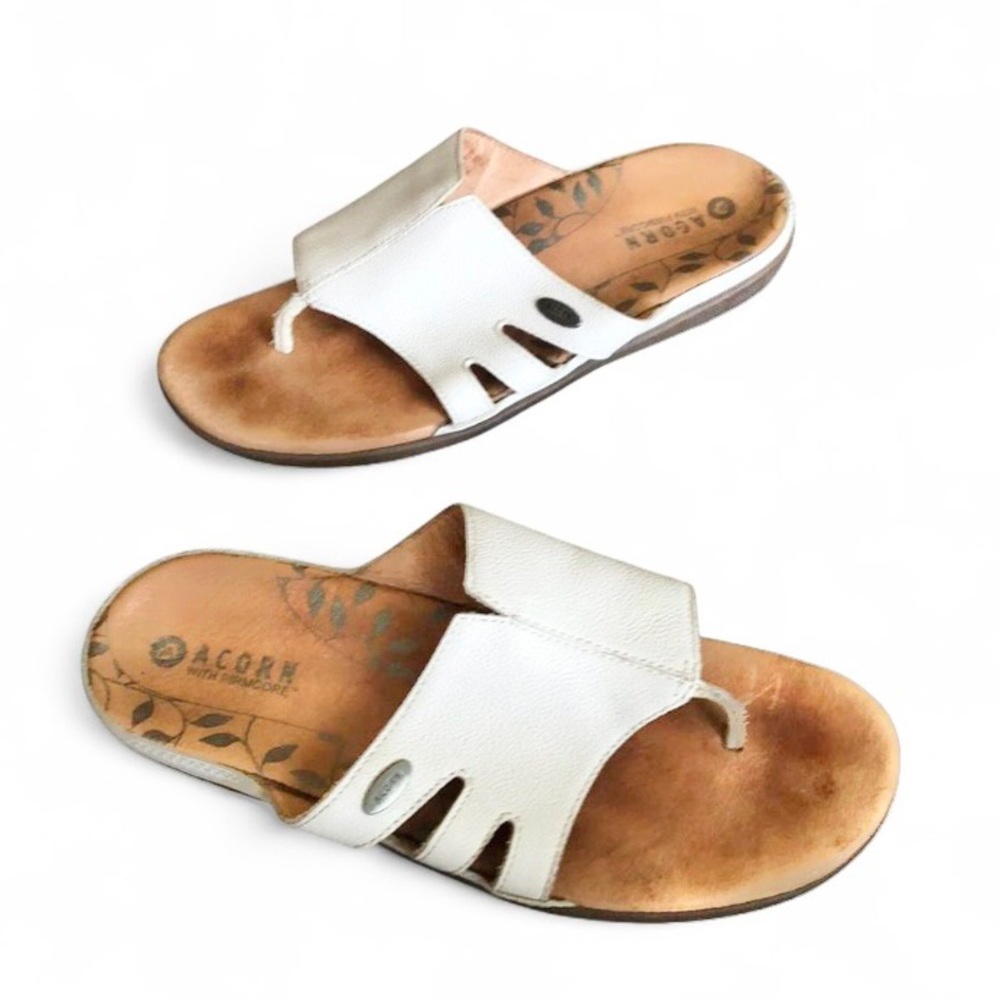 Acorn Women’s White Leather Toe-Post Slide Sandals 8